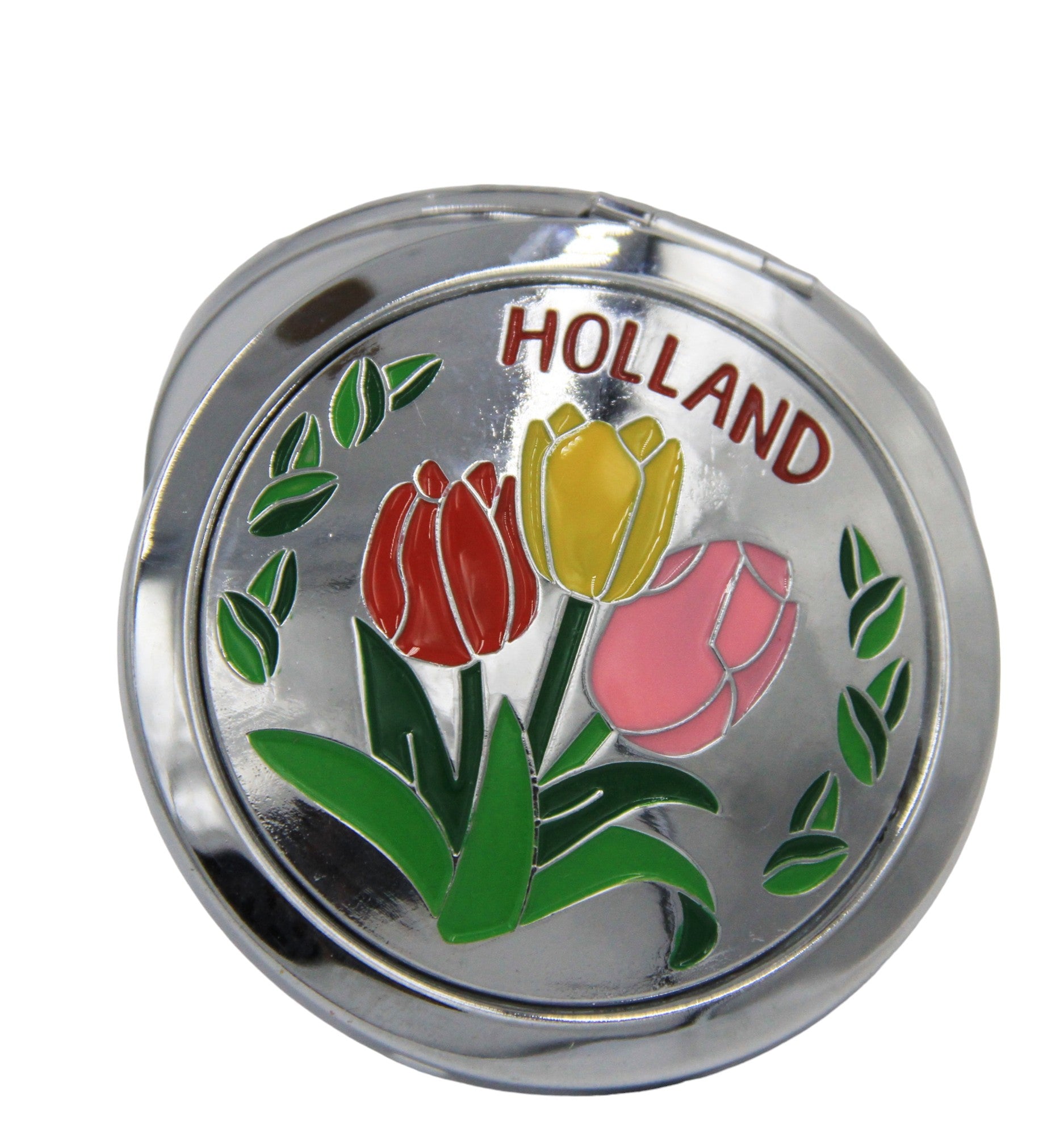 Spiegeldoos Glanzend Zilver met Tulpen